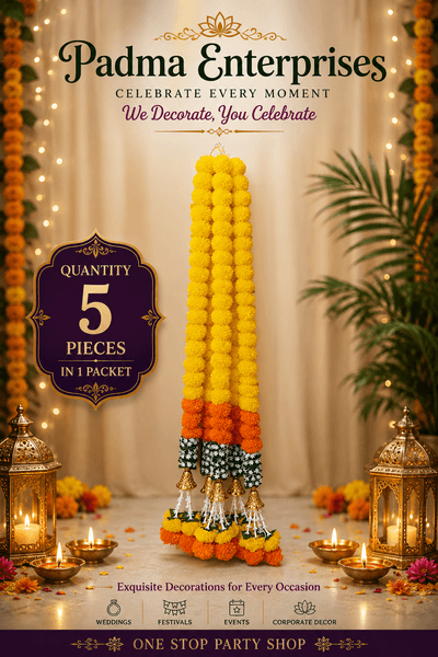 Artificial Yellow & Orange Marigold Garland with Golden Bells